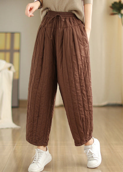 Coffee Cinched Pockets Patchwork Fine Cotton Filled Pants Winter