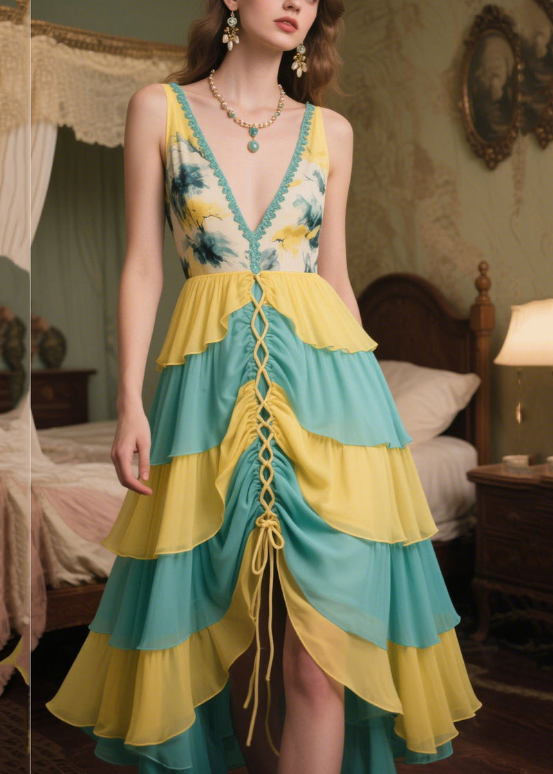 Patchwork Chiffon Vestidos Dresses V Neck Cross Strap Summer