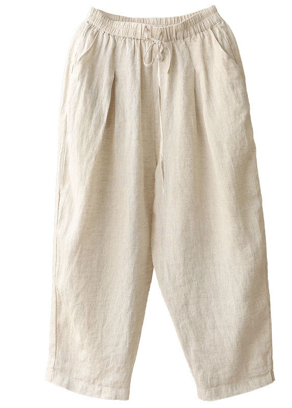 Simple Linen Color Elastic Waist Drawstring Pockets Color Linen Harem Pants Summer
