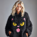 Comstylish Women's National Black Cat Day Cute Cat Art Knitted Fuzzy Hooded Sweater