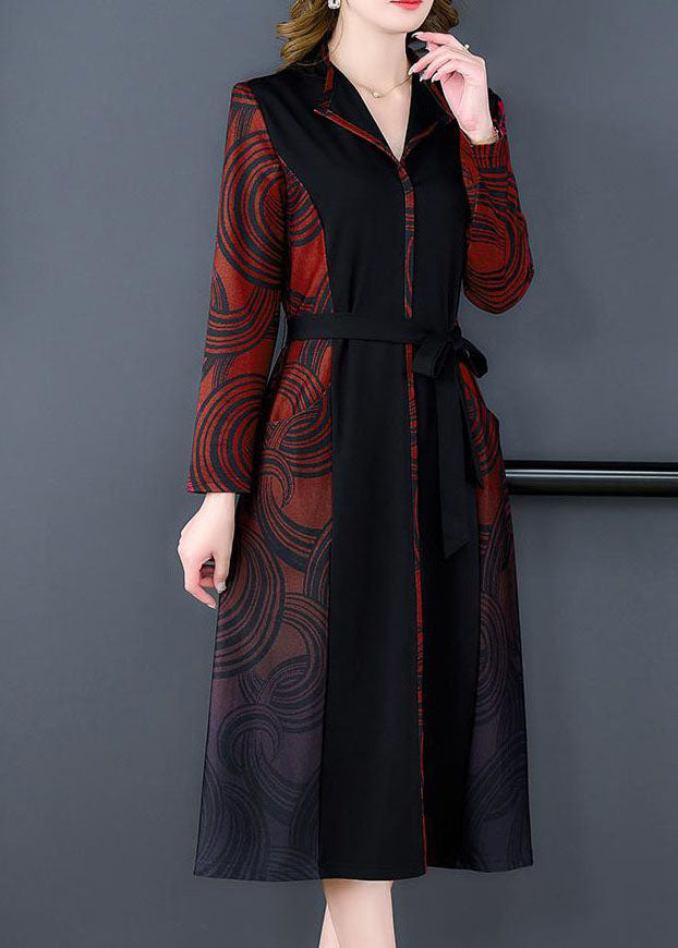 Red V Neck Patchwork Print Silk Cinch Dress Fall