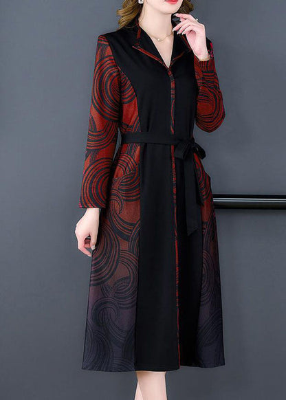 Red V Neck Patchwork Print Silk Cinch Dress Fall