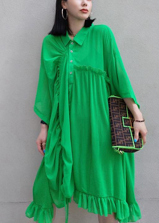 100% Green Dress Lapel Asymmetric Summer Dress