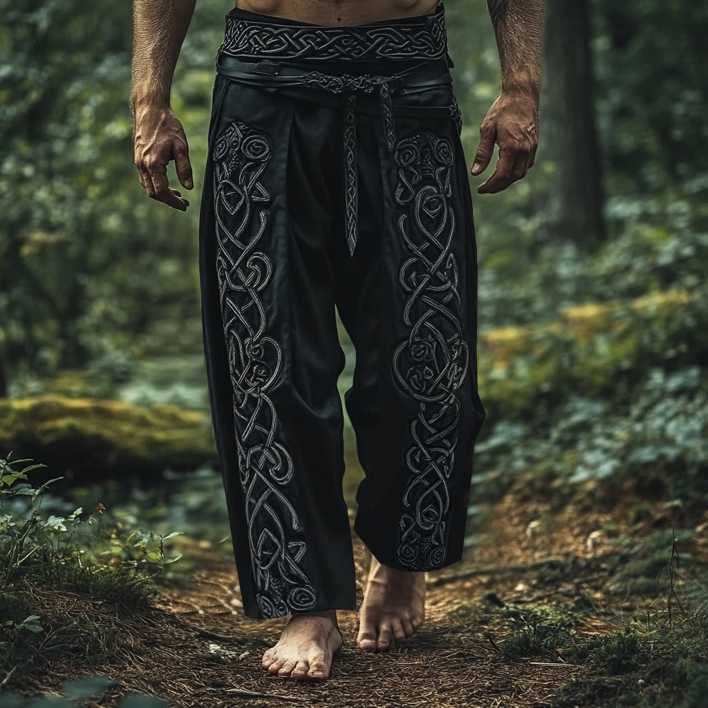 Tribal Viking Celtic Embroidery Art Linen Long Loose Wide-leg Pants artswardrobe