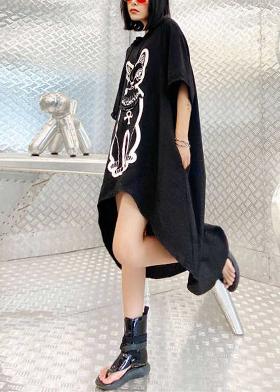 Organic Black Hooded Drawstring Low High Design Print Sweatshirts Dress Spring