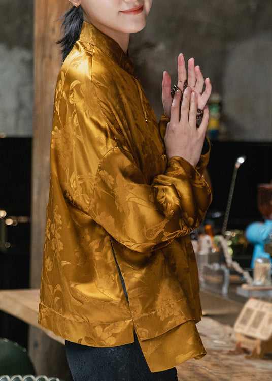 Yellow Mandarin Collar Button Asymmetrical Design Jacquard Silk Top Long Sleeve