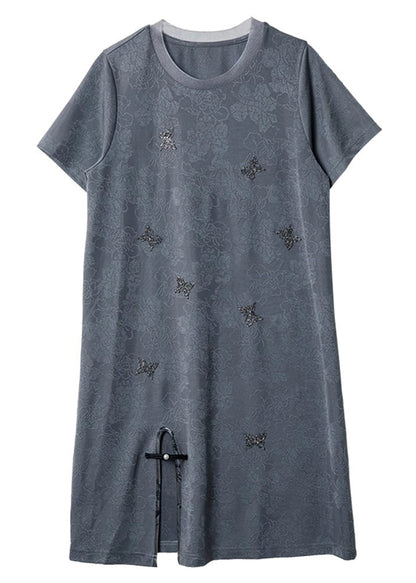 Grey O Neck Zircon Jacquard Side Open Silk Dresses Summer