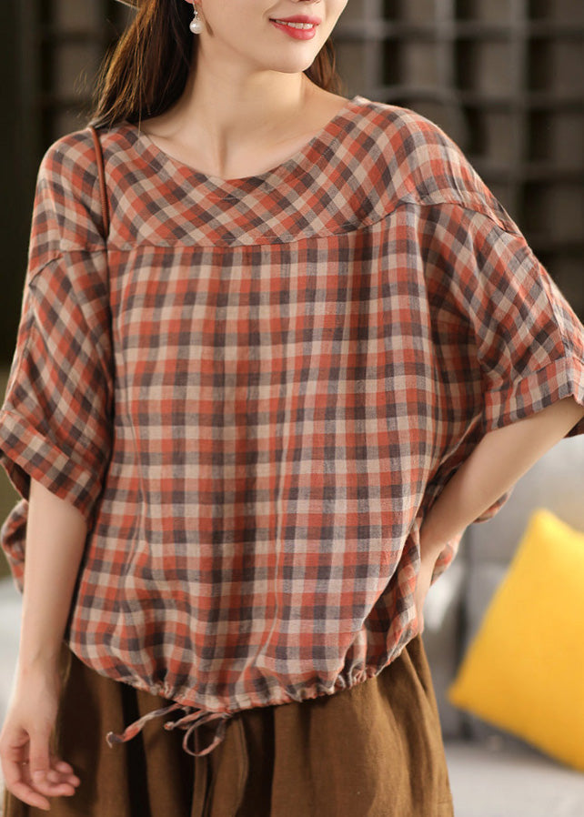 Blue O Neck Plaid Patchwork Linen Top Summer