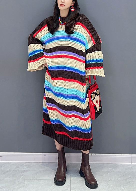 Loose Striped O-neck Hollow Out Patchwork Knit Dresses Fall