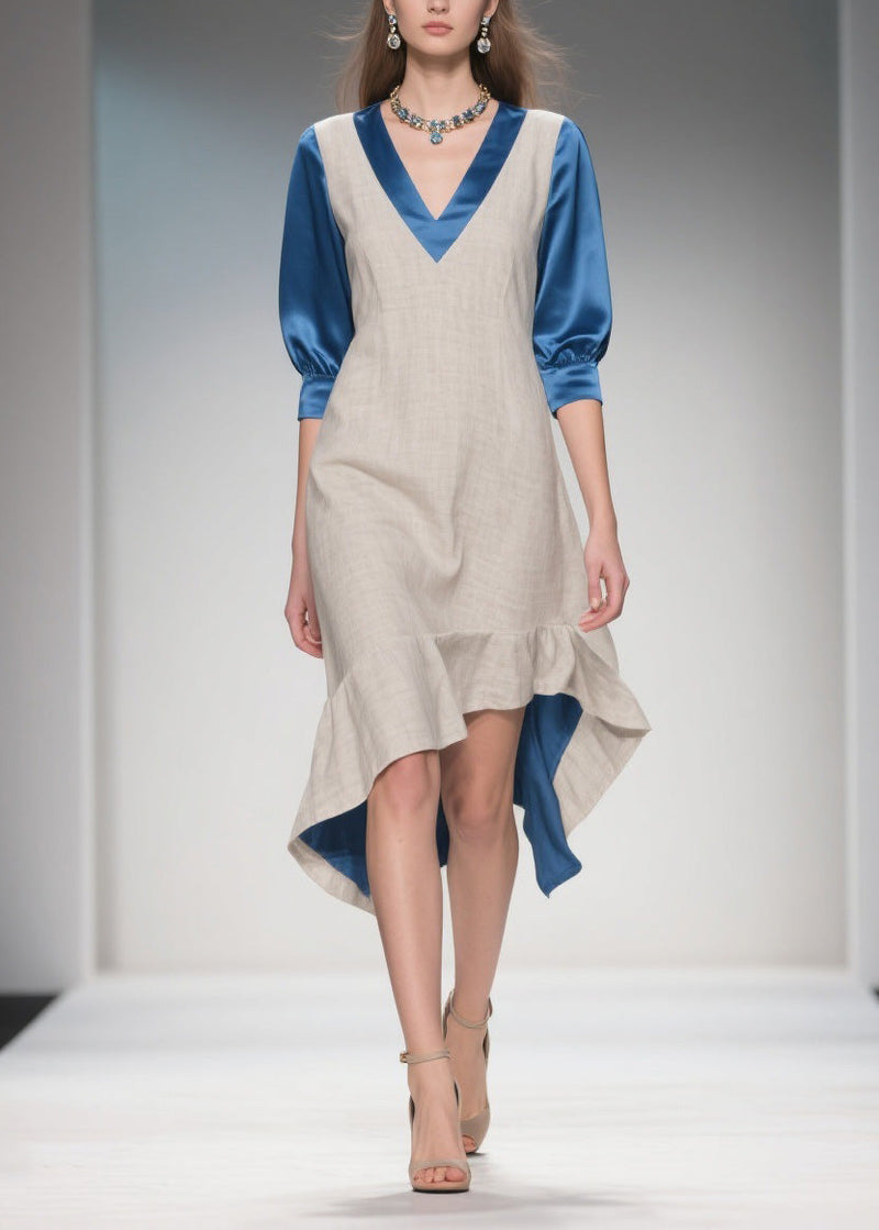 Colorblock Ruffled Patchwork Linen Silk Dress Summer