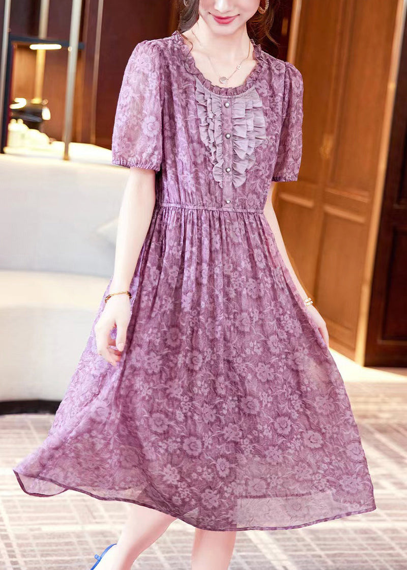 Purple Print Ruffled Patchwork Chiffon Long Dresses Summer