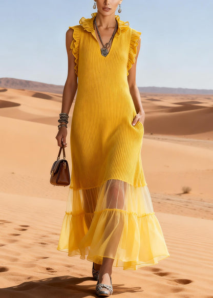 Yellow Ruffled Tulle Patchwork Knit Long Sweater Dress Sleeveless Spring
