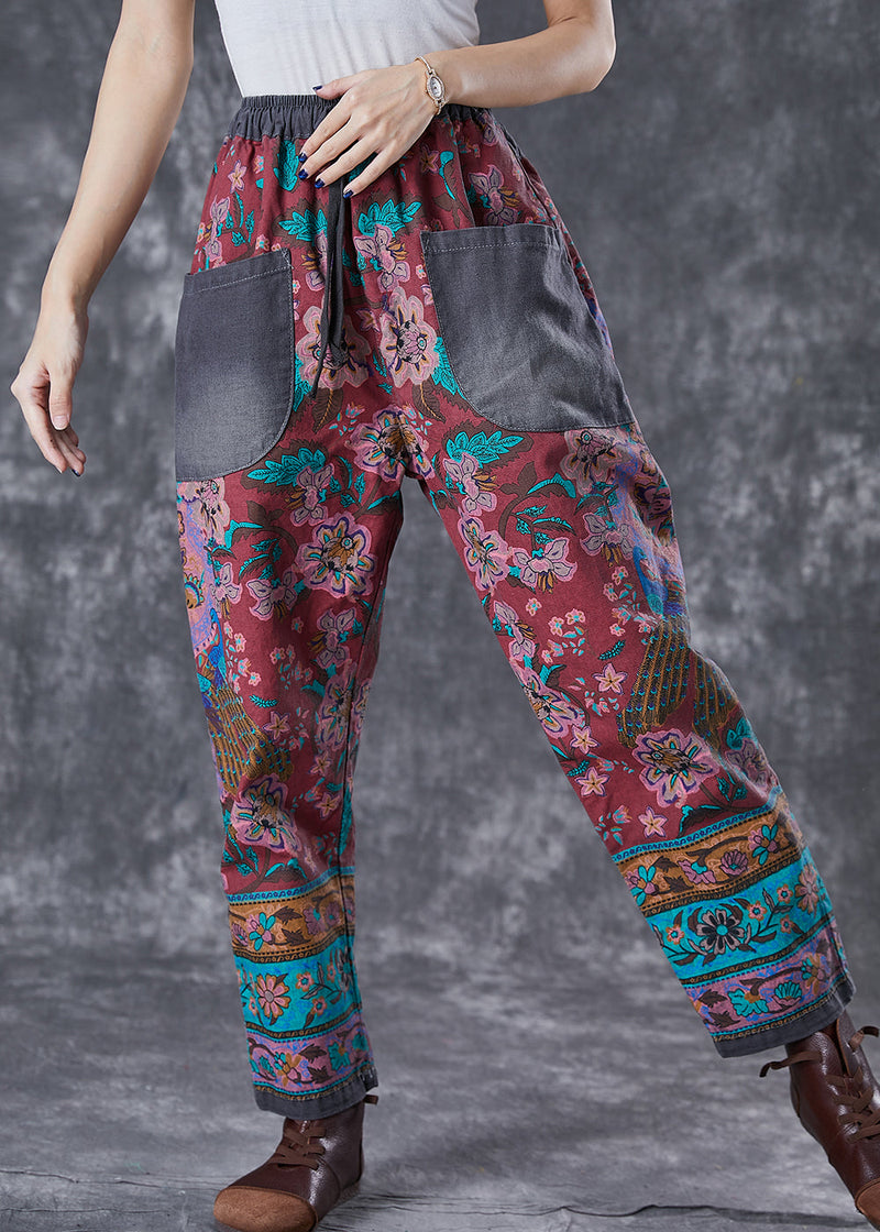 Red Print Elastic Waist Patchwork Pockets Cotton Harem Pants Fall