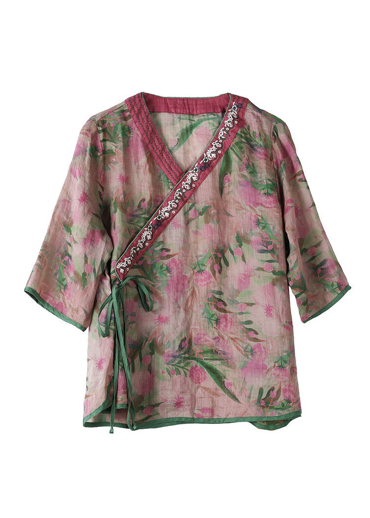 Green V Neck Print Lace Up Linen Tops Half Sleeve
