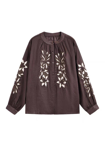 Coffee O-neck Button Embroidered Ramie Shirt Spring