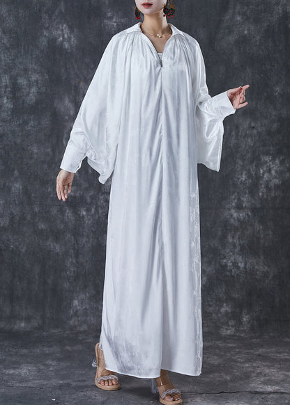 Fine White High Neck Draping Wear on Both Sides Silk Long Dresses Spring