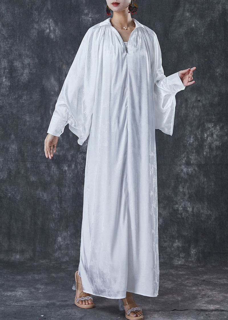 Fine White High Neck Draping Wear on Both Sides Silk Long Dresses Spring