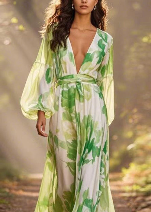 Italian Green V Neck Print Chiffon Long Dresses Lantern Sleeve Spring