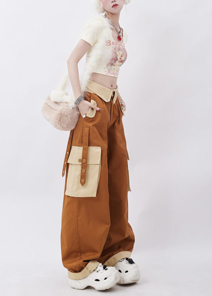 Brown Patchwork Pockets Cotton Pants Trousers Spring