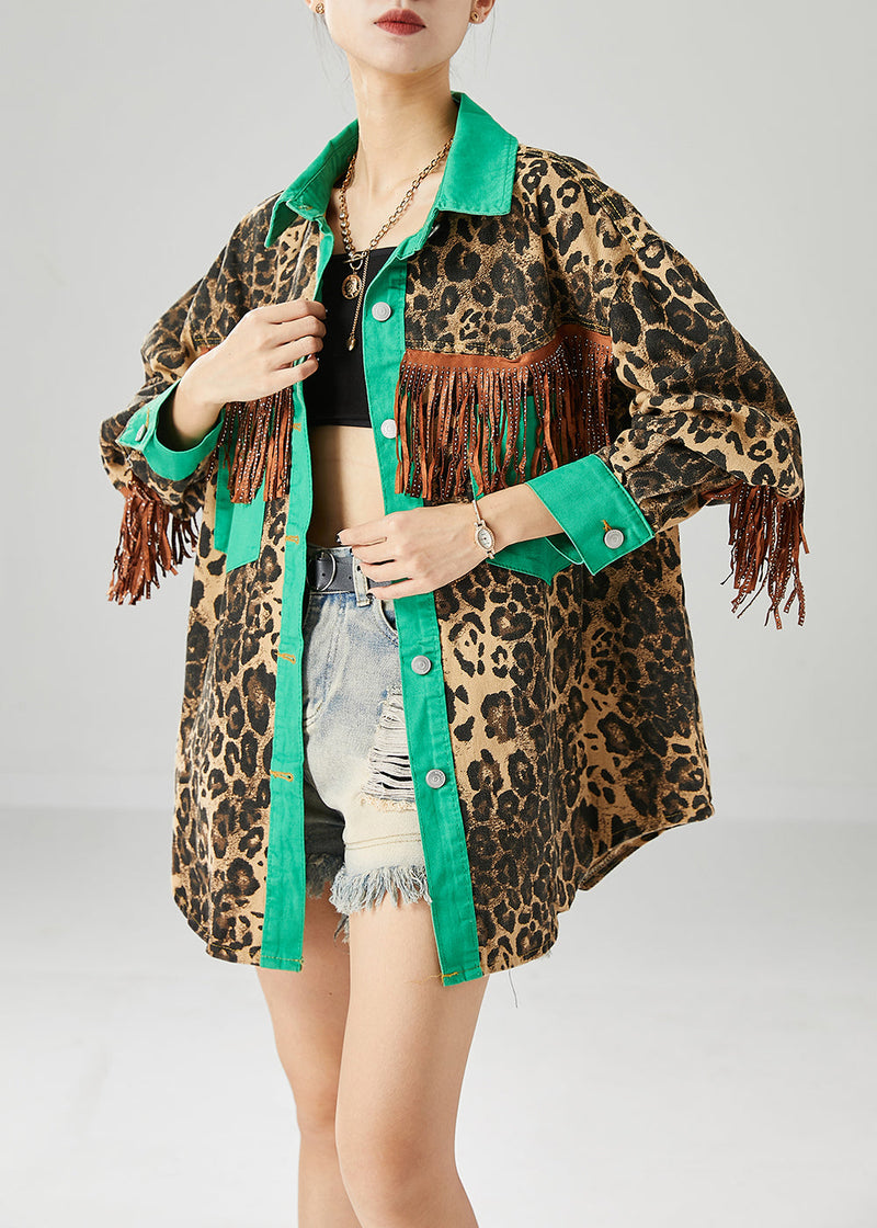 Green Tasseled Patchwork Leopard Print Cotton Coats Fall