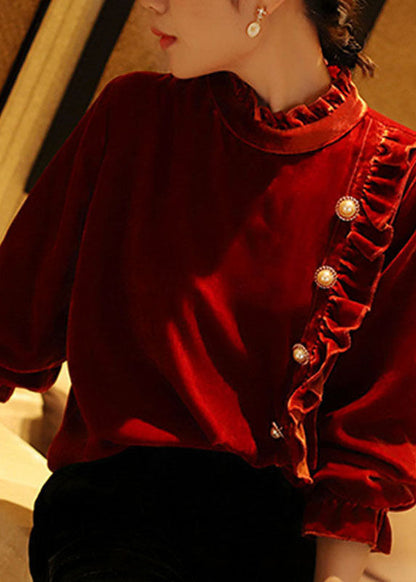 Red Stand Collar Ruffled Button Silk Velour Shirt Top Long Sleeve
