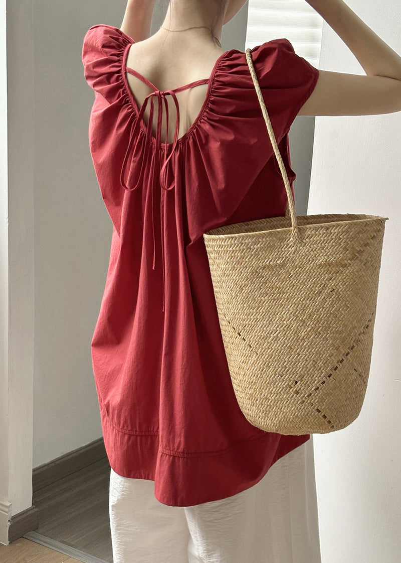 Red O Neck Lace Up Loose Cotton Top Summer