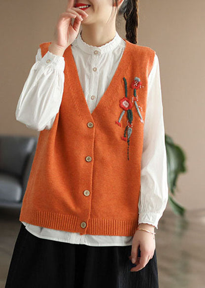Orange V Neck Embroideried Knit Vest Spring