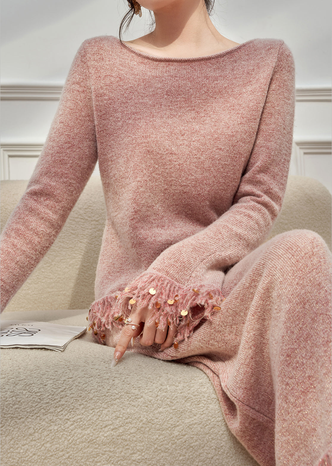 Pink Tasseled Sequins Knit Two Pieces Set Flare Sleeve