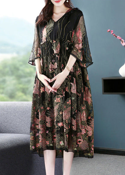 Black Hooded Embroideried Silk a Line Dress Summer