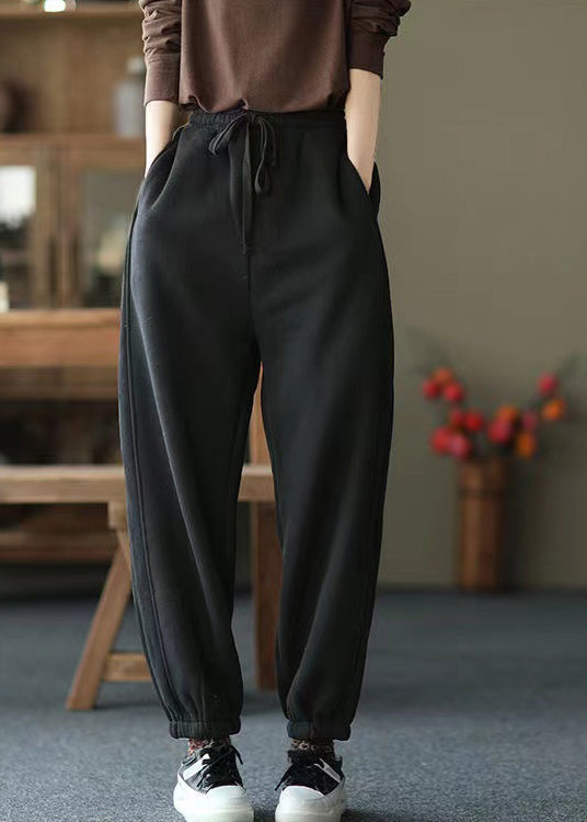 Black Pockets Elastic Waist Warm Fleece Pants Spring