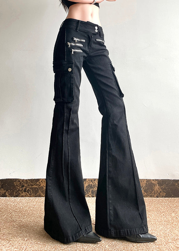 Black Zippered Pockets Patchwork High Waist Denim Flared Trousers