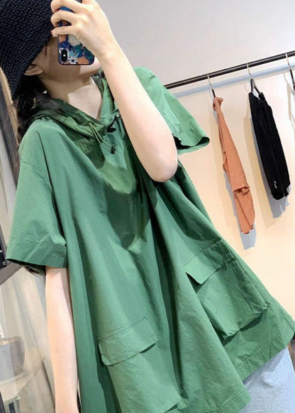 Green Hooded Pockets Drawstring Fall Short Sleeve Blouses