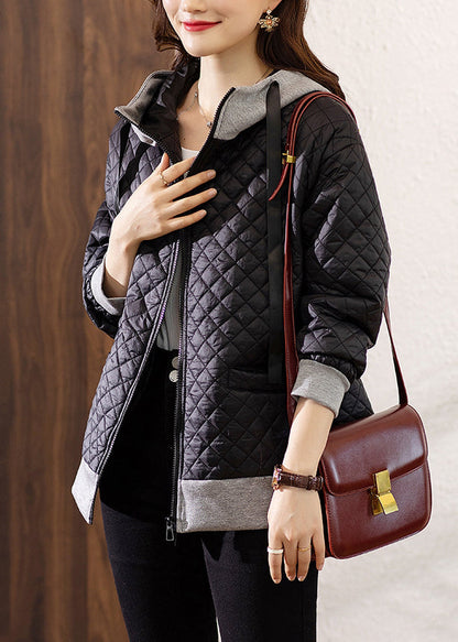 Black Hooded Zippered Patchwork Cotton Coat Winter