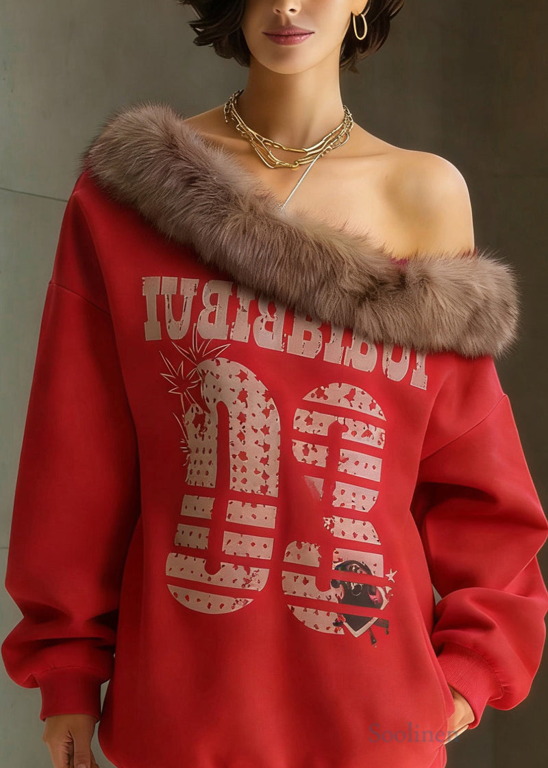 Red One Shoulder Fur Collar Print Sweatshirt Spring