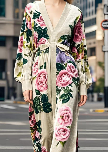 Apricot V Neck Print Silk Velour Dress Spring