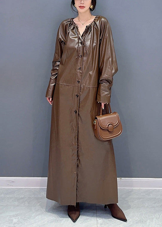 Coffee Drawstring Tie Waist Faux Leather Long Trench Coat Fall