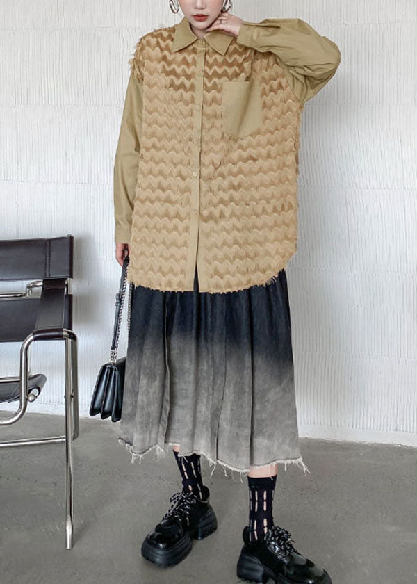 Khaki Peter Pan Collar Patchwork Tassel Cotton Blouses Spring