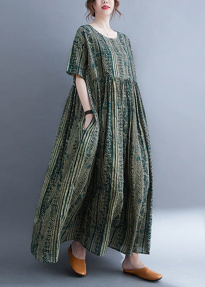 Green O-neck Print Patchwork Maxi Dress Summer