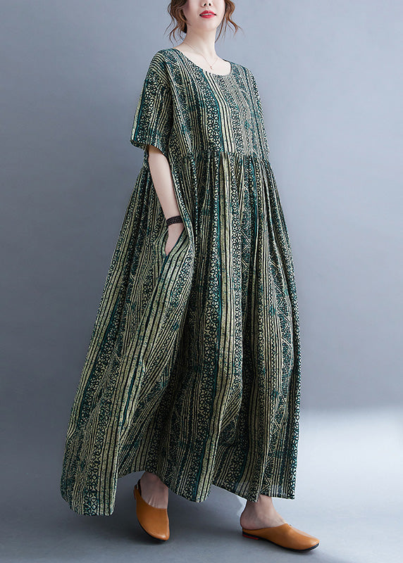 Green O-neck Print Patchwork Maxi Dress Summer