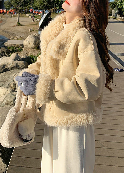 Fine Beige Oversized Patchwork Fleece Wool Lined Coats Winter