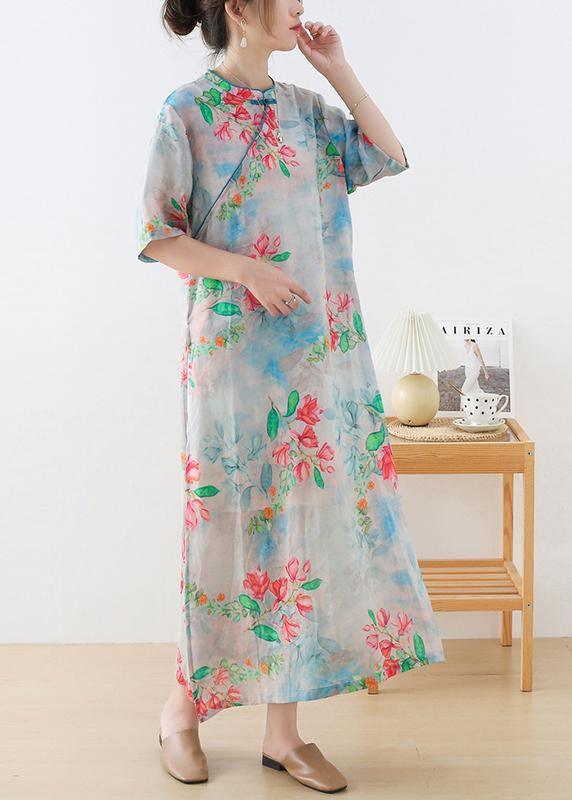 Blue Print Oriental Dresses Summer Ramie
