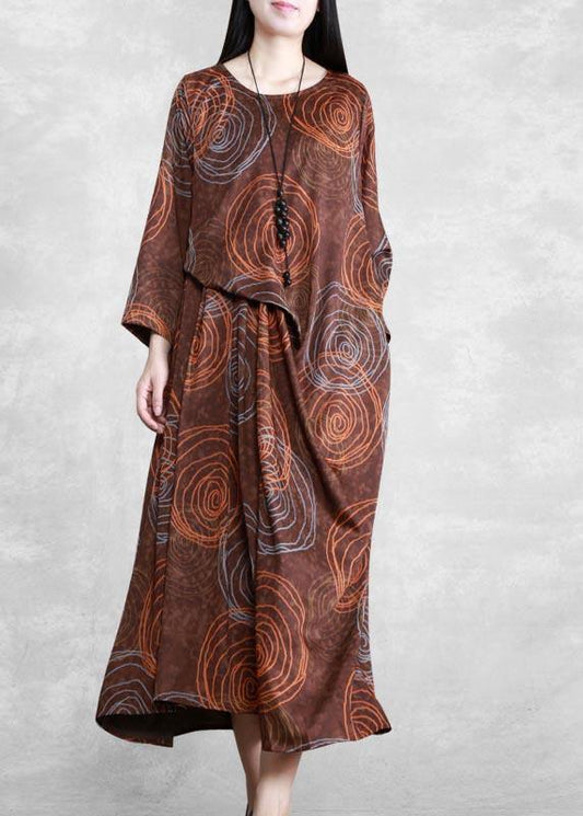 Chocolate Print Quilting Clothes O Neck Asymmetric Spring Dresses