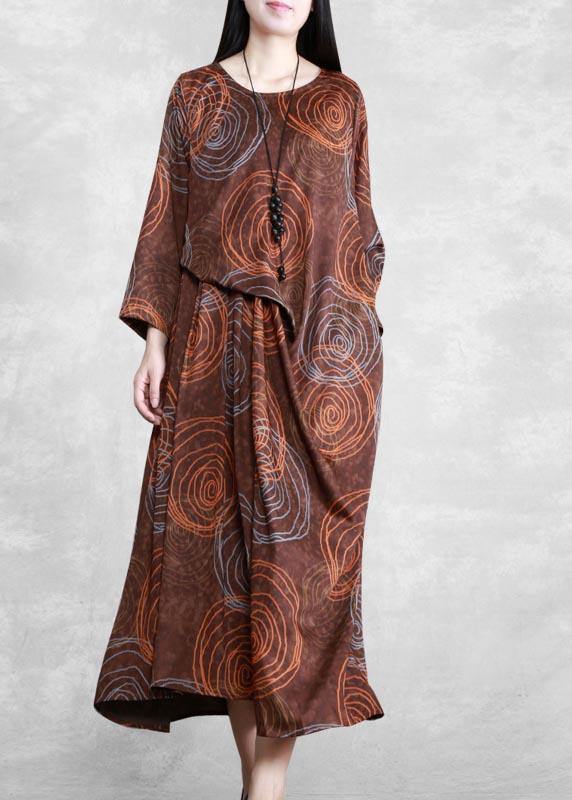 Chocolate Print Quilting Clothes O Neck Asymmetric Spring Dresses