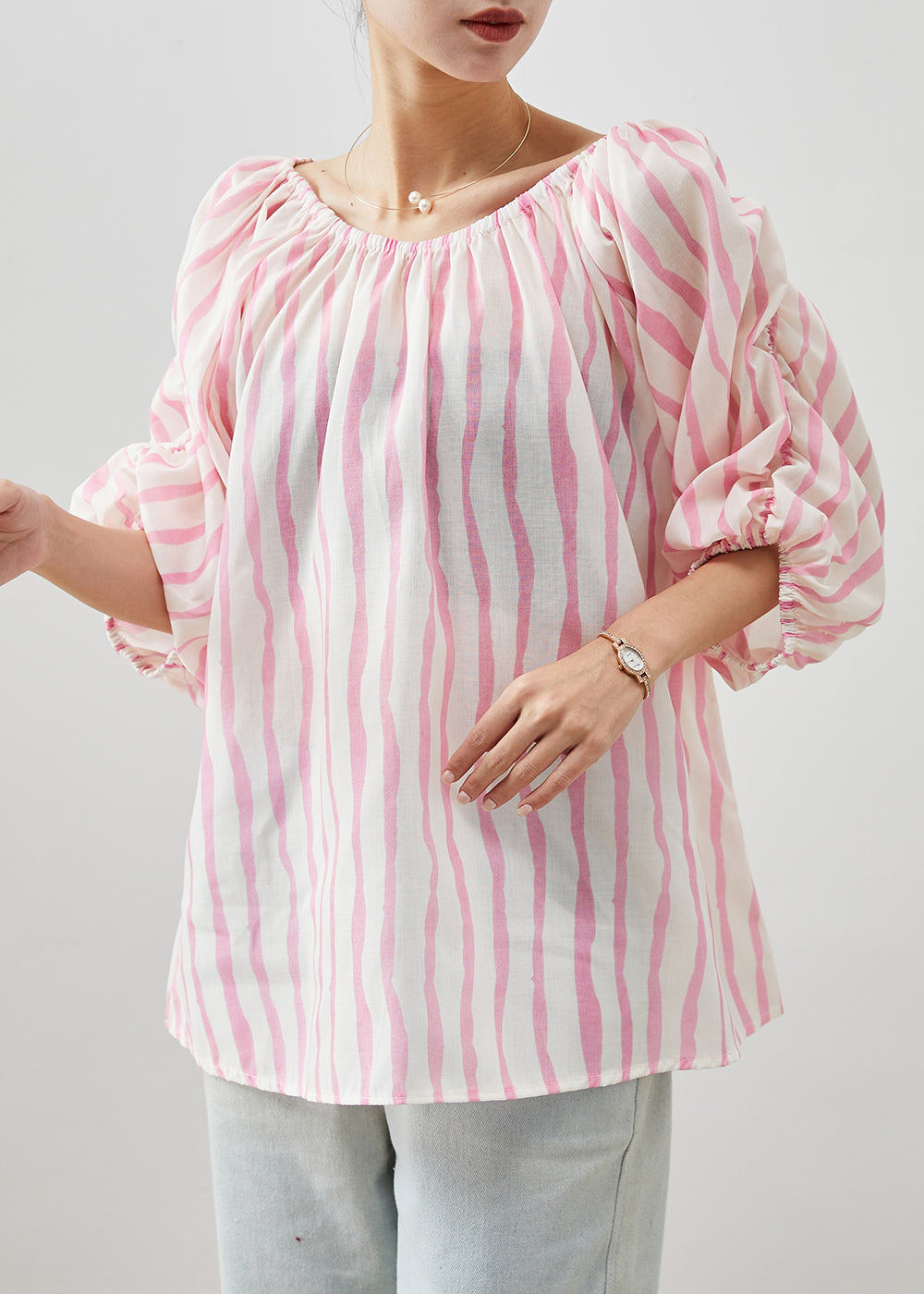 Pink Slash Neck Striped Cotton Shirt Puff Sleeve