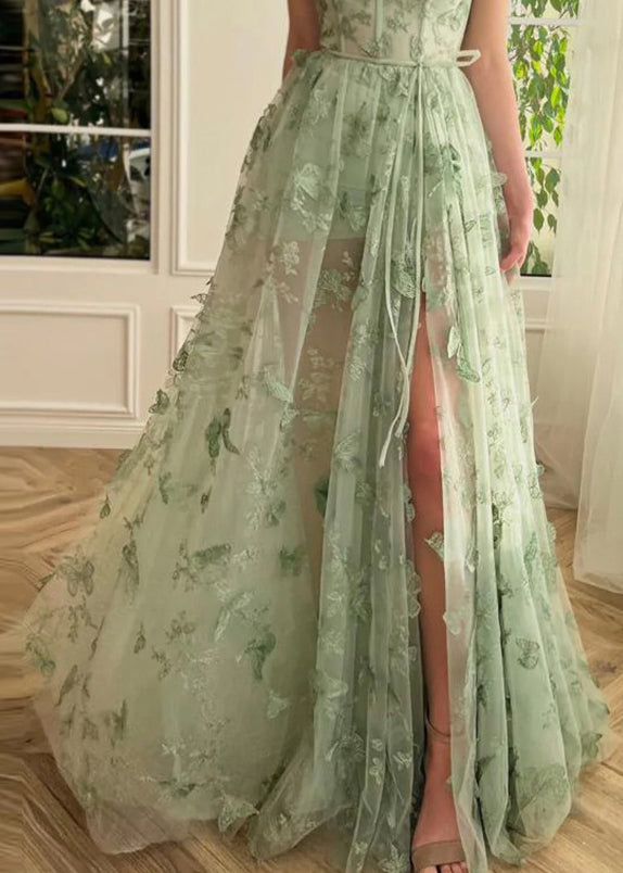 Green Butterfly Side Open Tulle Maxi Dresses Sleeveless Summer