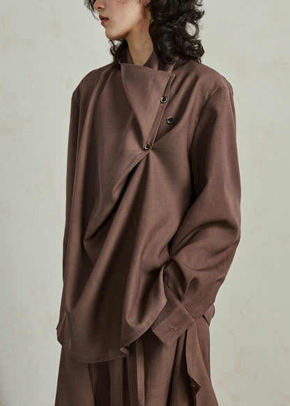Fine Coffee Asymmetrical Button Shirt Lantern Sleeve Spring
