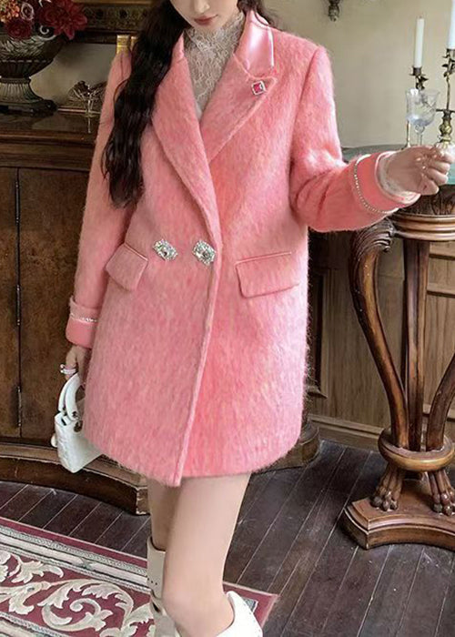 Pink Peter Pan Collar Zircon Woolen Coats Winter