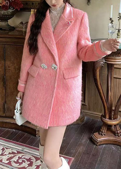 Pink Peter Pan Collar Zircon Woolen Coats Winter