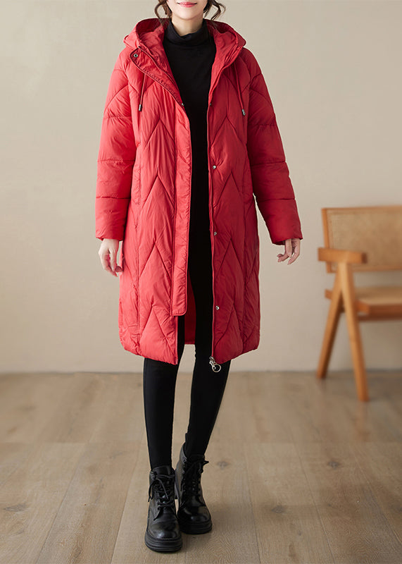 Red Zip Up Hooded Pockets Fine Cotton Filled Witner Coat
