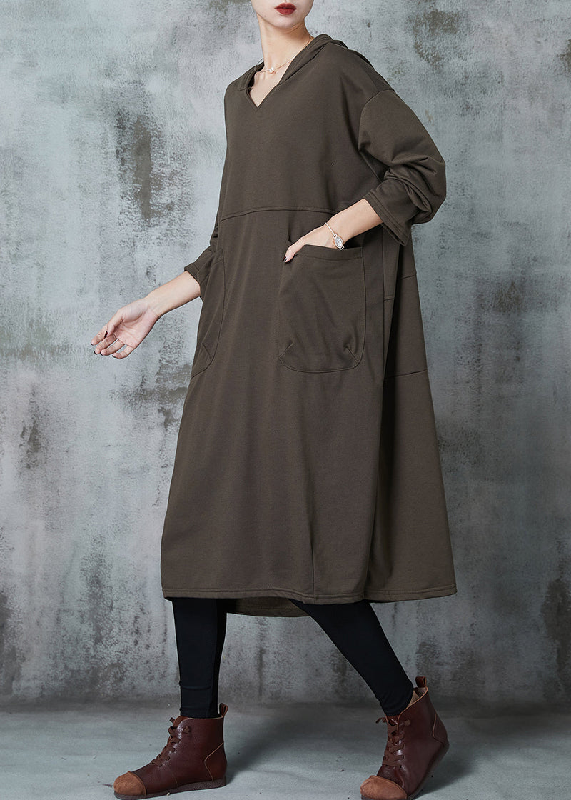 Army Green Hooded Pockets Cotton Dress Spring